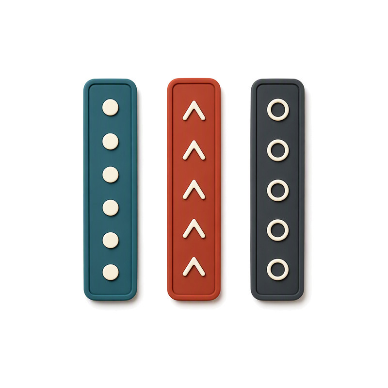 Narrow moulded silicone headwear labels with raised dot chevron and ring motifs for cap front panels