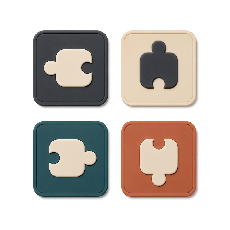 Moulded silicone patches with interlocking dimensional shapes showing raised multi-level relief construction