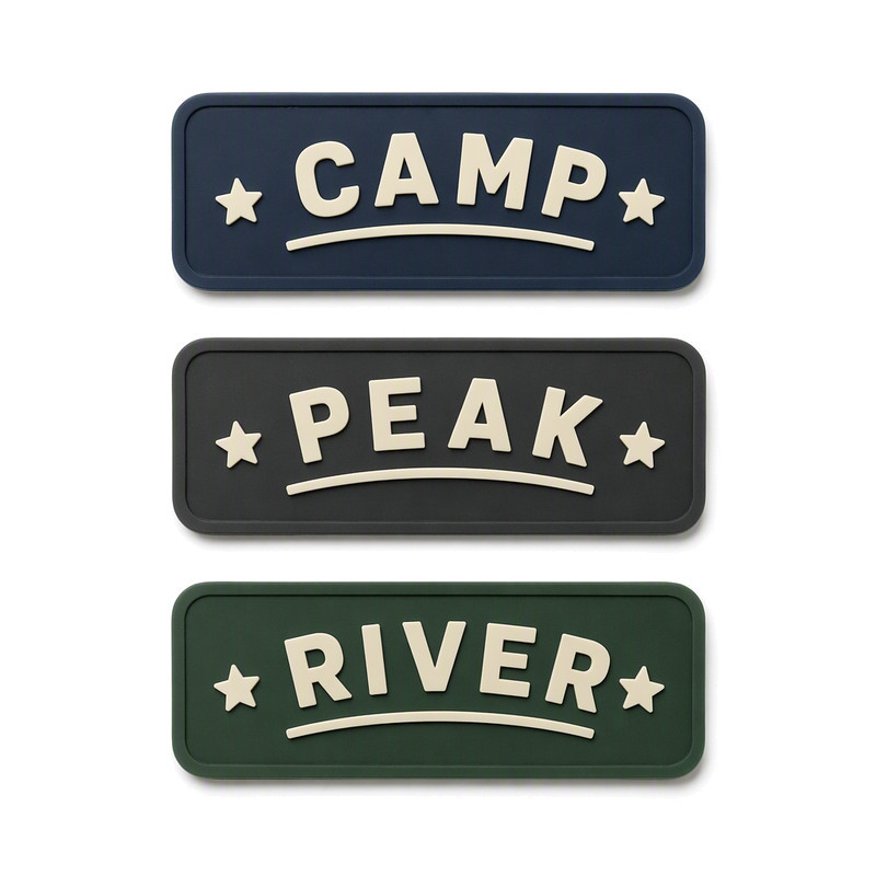 Custom silicone labels for cap fronts with arched raised lettering and star motifs, moulded in navy, black and green for headwear branding
