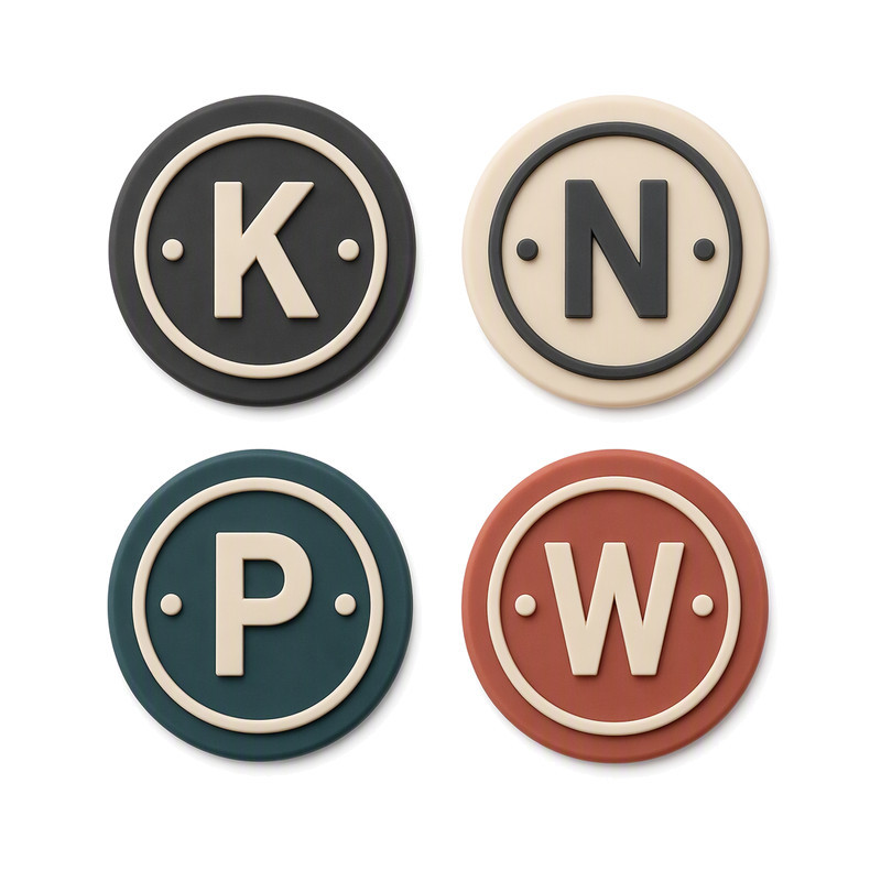 Circular custom silicone labels with raised monogram letters and inner ring detailing, moulded in four colours for apparel branding