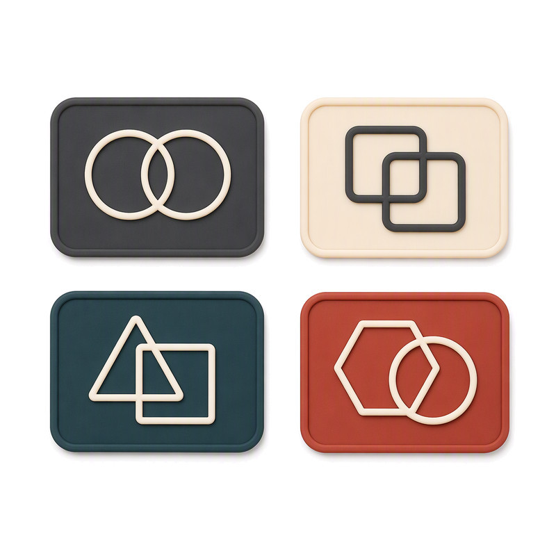 Fine-line moulded silicone labels with overlapping circle, square, triangle and hexagon outlines showing closely spaced hairlines