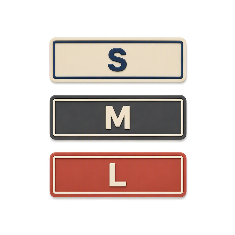 Silicone heat transfer label size strips reading S, M and L with raised characters inside a fine moulded frame
