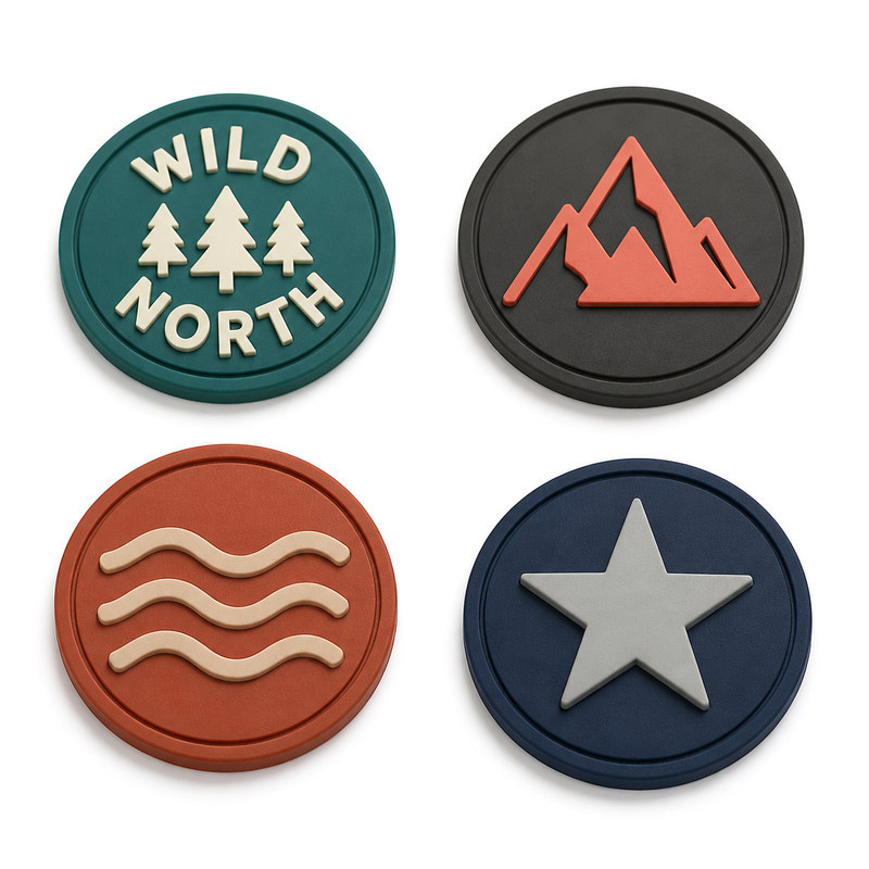 Two-colour raised silicone footwear badges including a forest wordmark, mountain motif, wave lines and a star in contrasting moulded colours