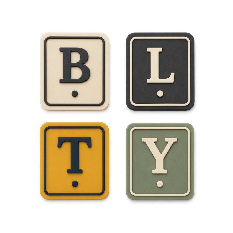 Two-colour moulded silicone labels with raised monogram letters and a fine border frame in contrasting colours