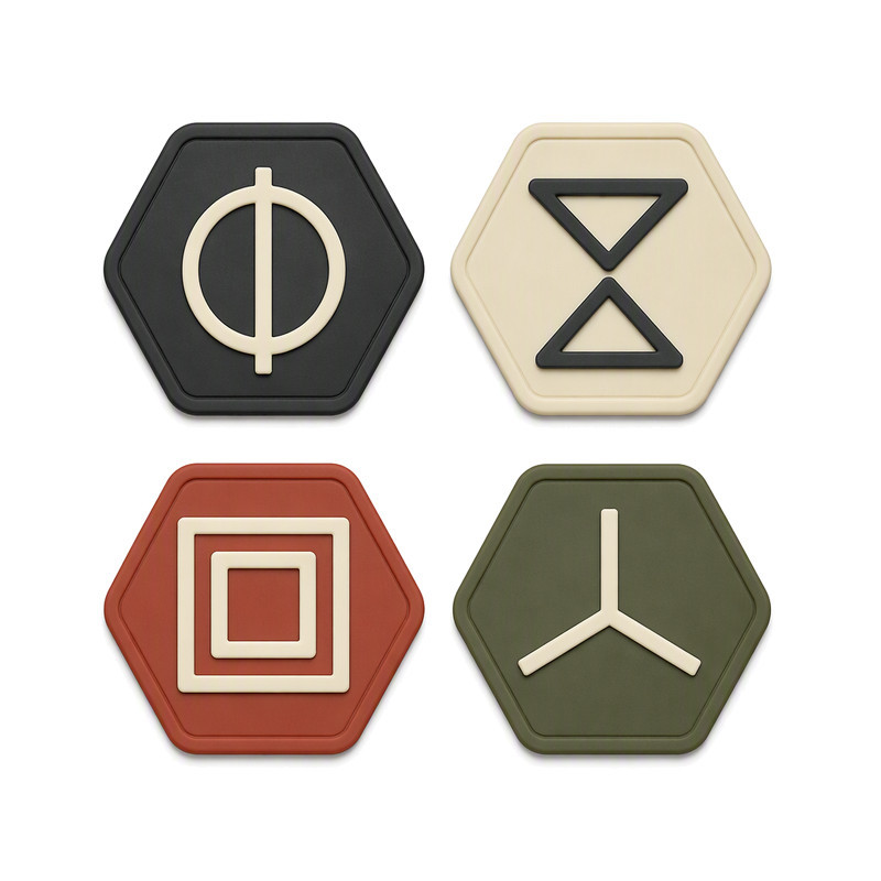 Moulded silicone labels on hexagonal bases with raised line-art marks including a ring, arrow, nested squares and paired triangles