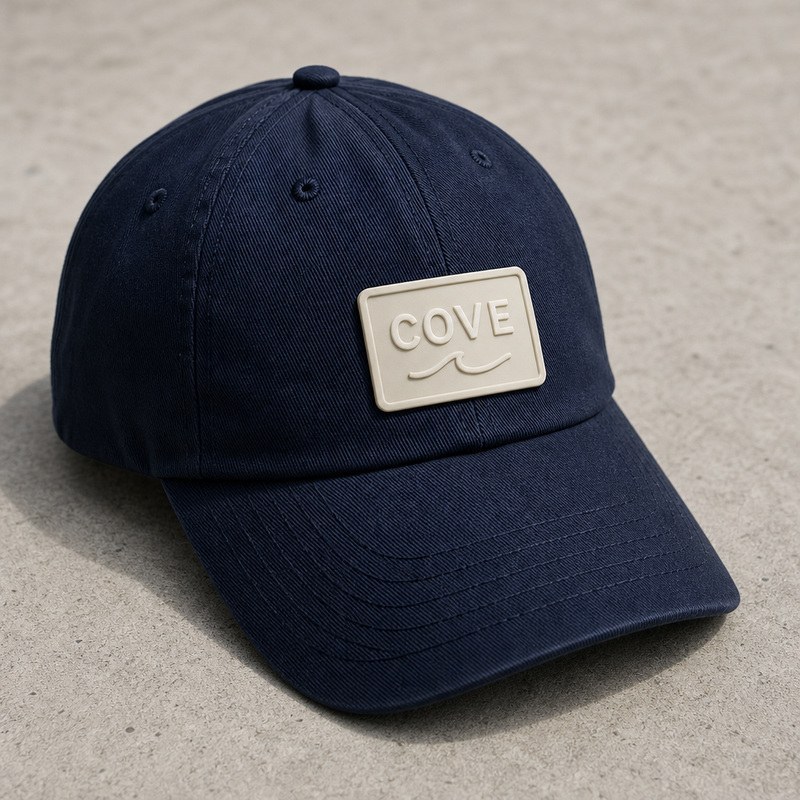 raised silicone label with debossed lettering on the front panel of a navy cotton twill baseball cap