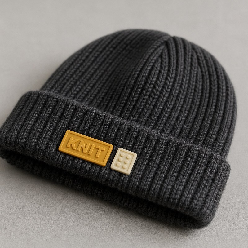 moulded silicone label and small square tab attached to the folded cuff of a dark grey ribbed knit beanie