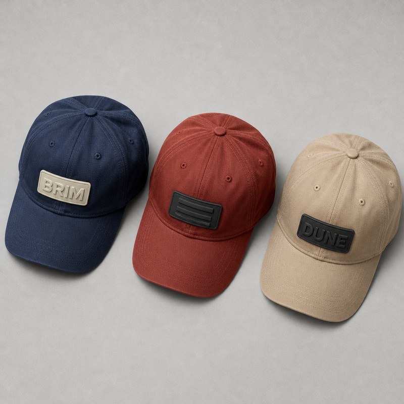 three baseball caps in navy, rust and sand, each carrying a different raised silicone label