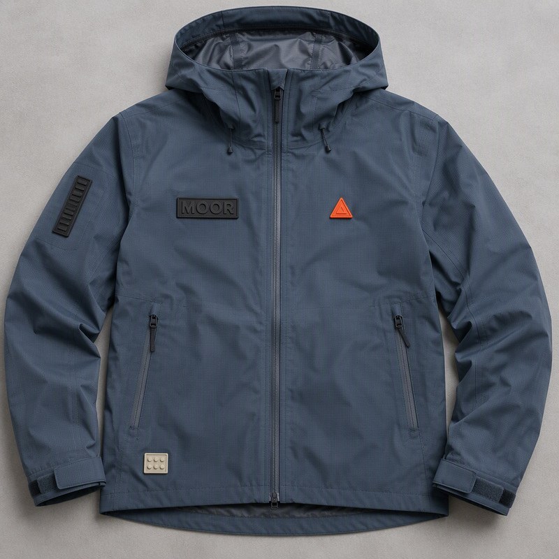 raised black silicone label, an orange triangular label and a small square label on a navy technical shell jacket