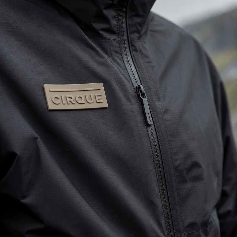 tan raised silicone label with debossed lettering next to a coil zip on a black waterproof shell jacket