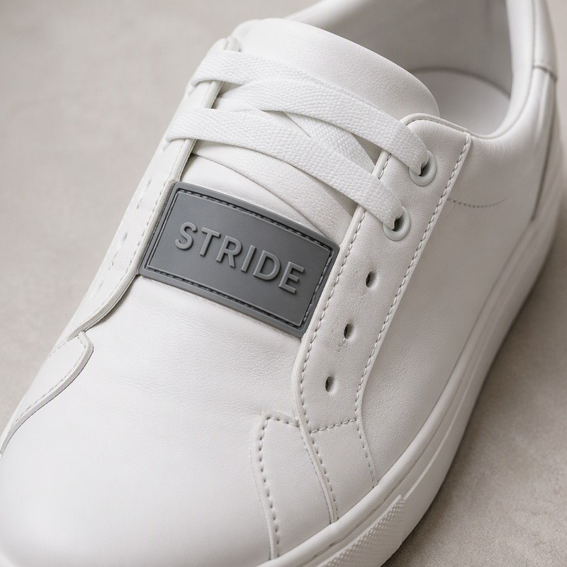 grey raised silicone label on the tongue of a white leather running sneaker