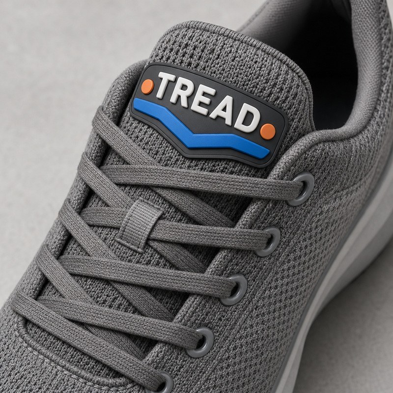 black raised silicone patch with white lettering, a blue chevron and orange dots on a grey knit running shoe tongue