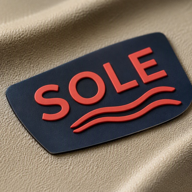 navy oval silicone patch with red raised lettering and wave lines on a tan foam footbed surface