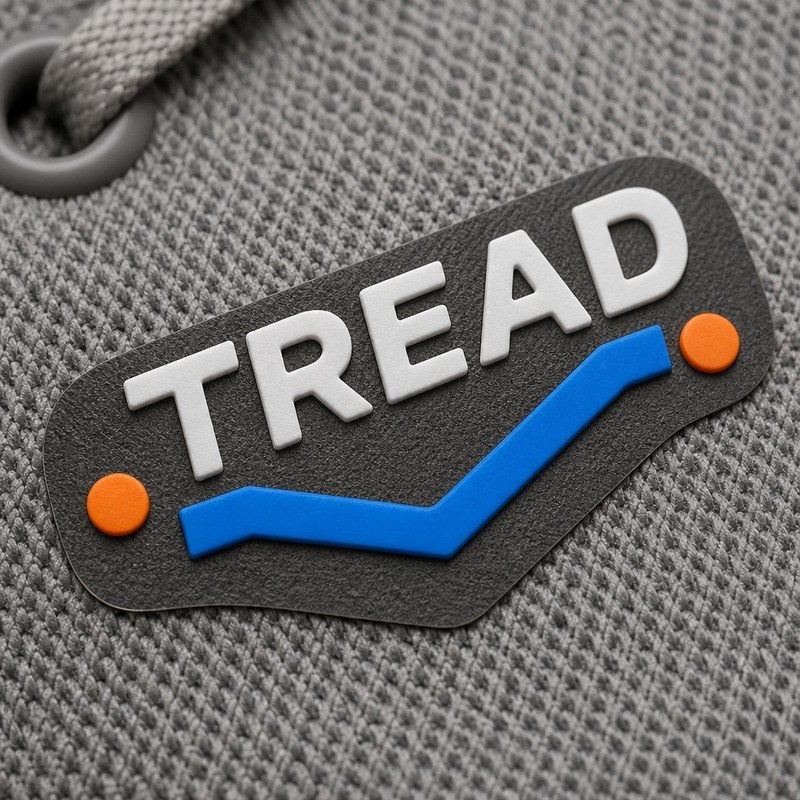 black raised silicone patch with white lettering, a blue chevron and orange dots on a grey knit shoe upper