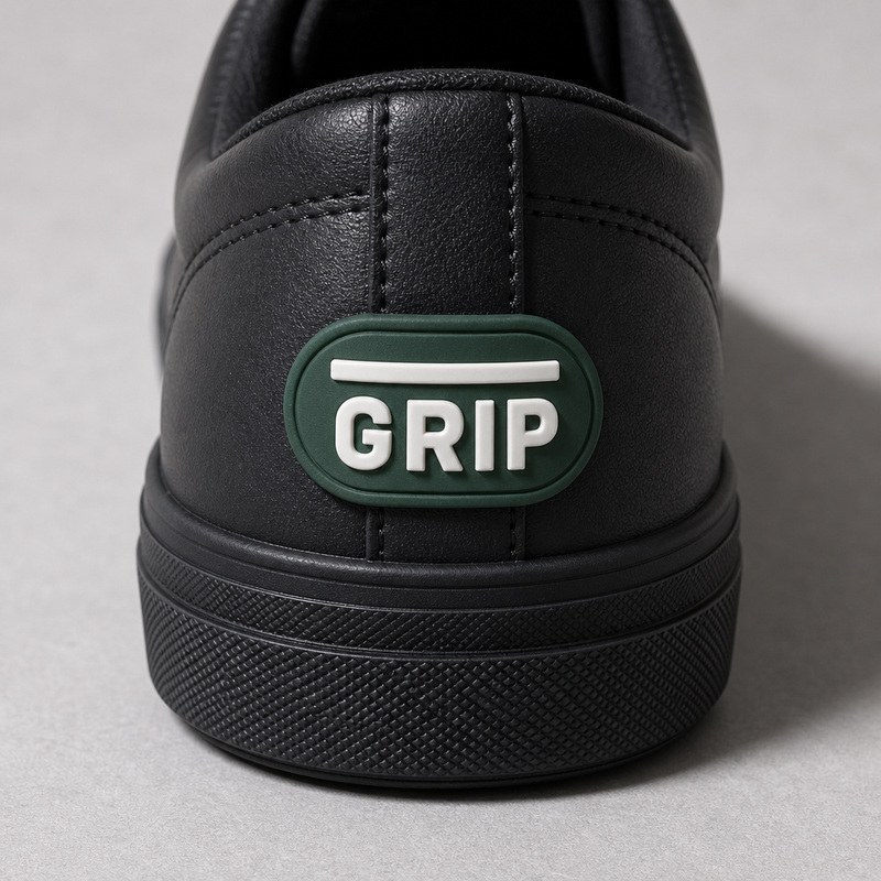 dark green oval silicone patch with white lettering on the heel counter of a black leather shoe
