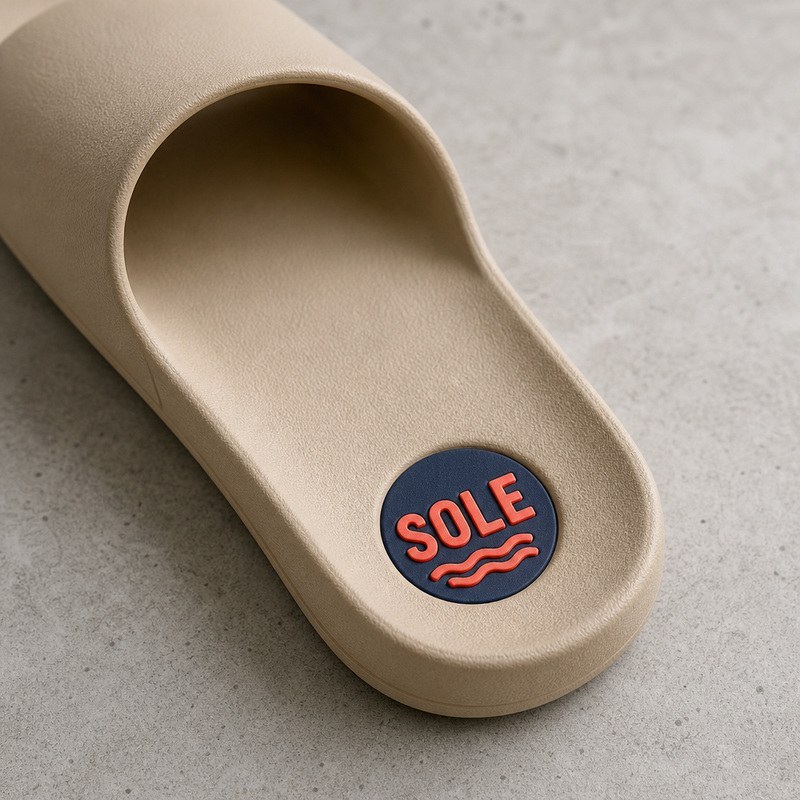 navy circular silicone patch with red raised lettering on the footbed of a tan EVA slide sandal