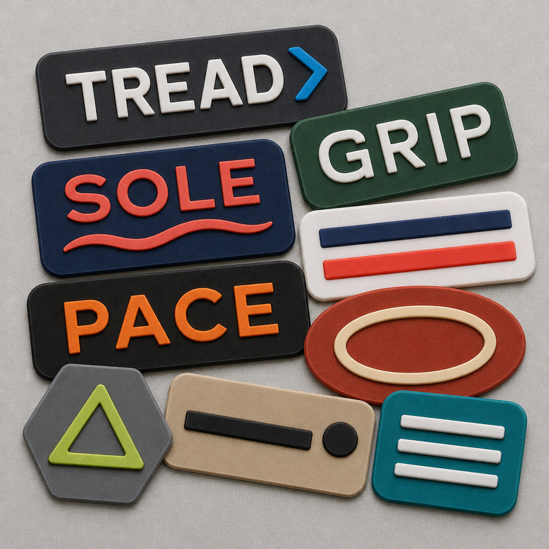 Thin multicolor molded silicone labels for footwear branding arranged on a light gray surface showing clean edge definition at small sizes