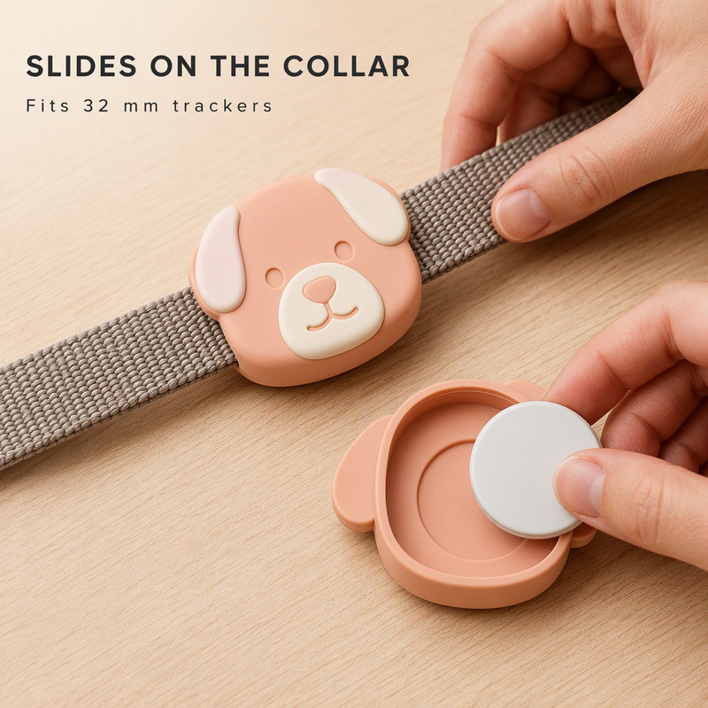 Silicone GPS tracker cover sliding onto a woven dog collar with a round 32 mm tracker ready to press into the cavity
