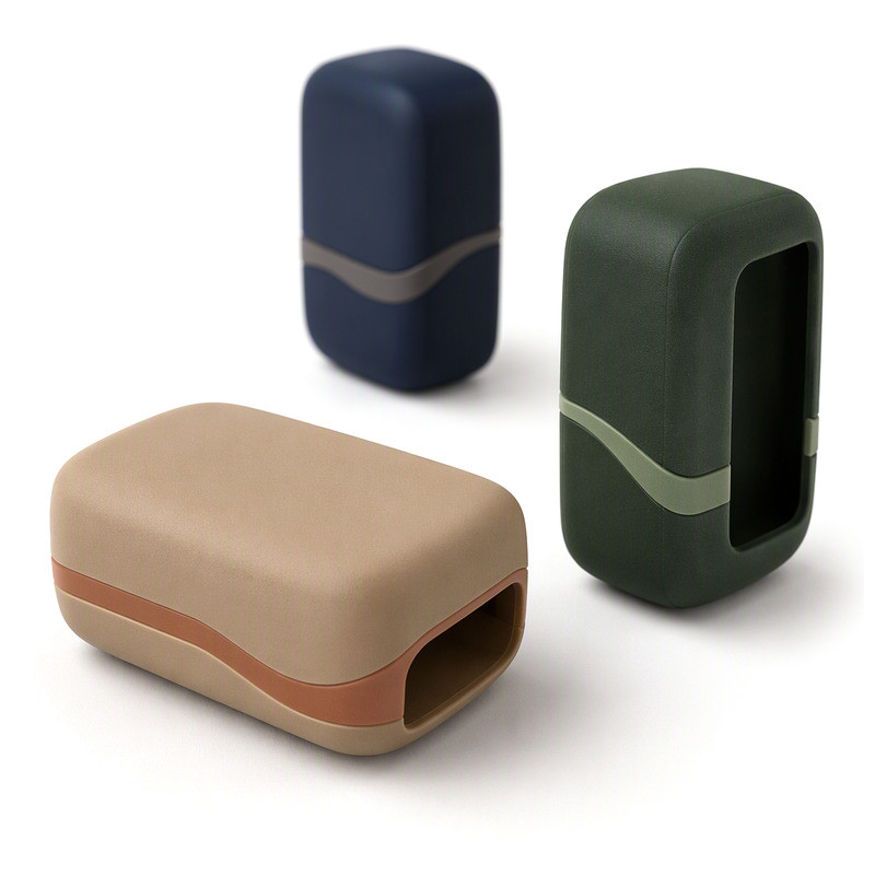 Three sleeve-style silicone GPS tracker covers in navy, sand and olive showing different cavity depths and collar channels