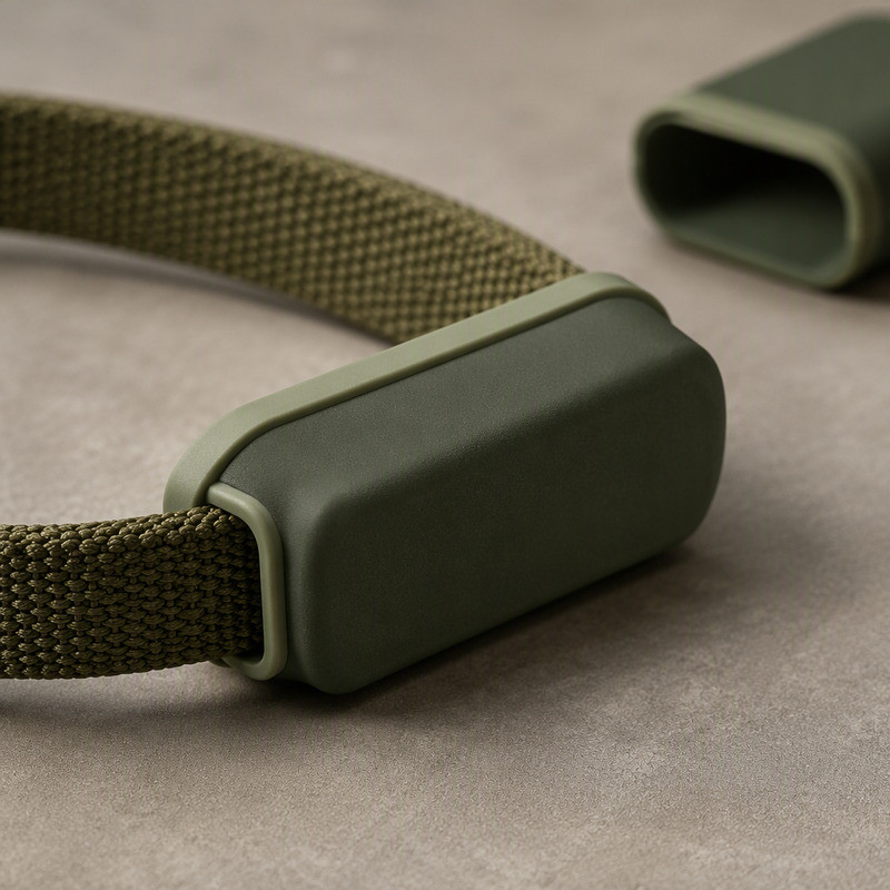 Close-up of an olive green silicone tracker holder threaded on a woven collar showing the molded channel and retaining rim