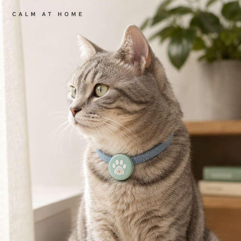 窗边的虎斑猫佩戴浅绿色硅胶追踪器保护套项圈