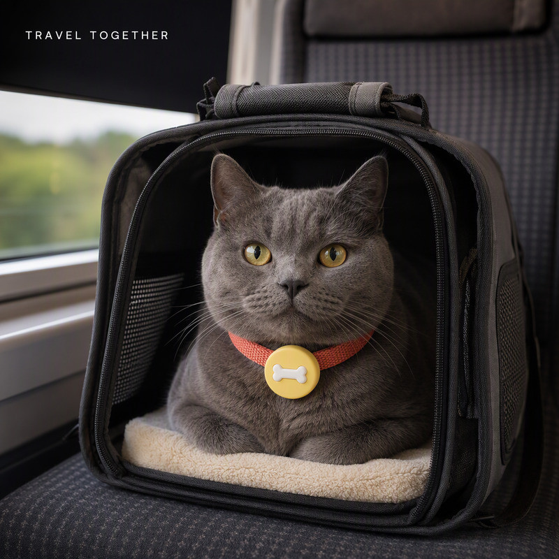 猫在航空箱内佩戴装有硅胶追踪器保护套的项圈