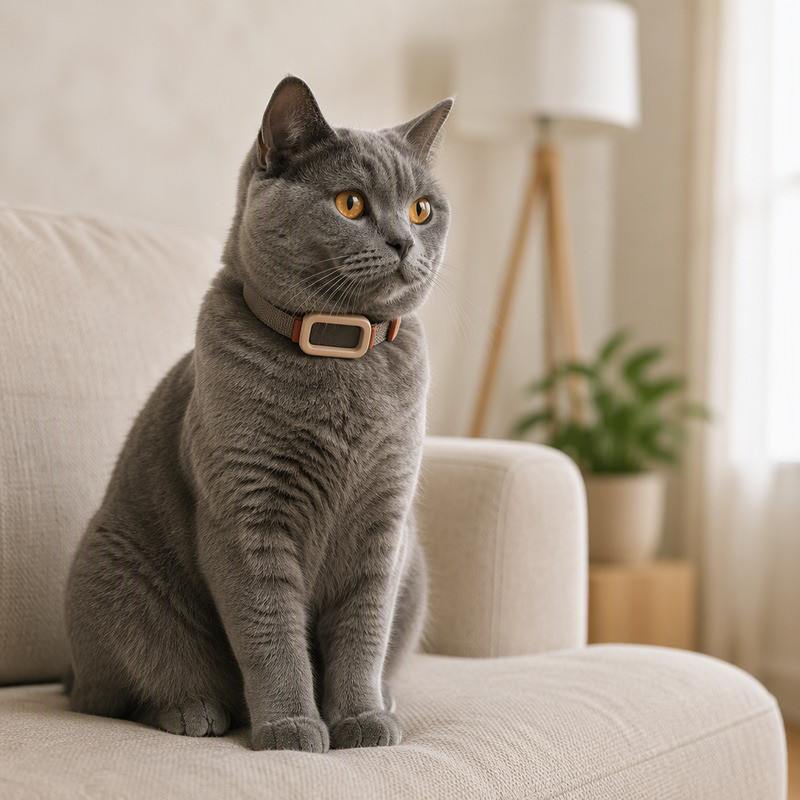 Gray cat sitting on a sofa wearing an olive silicone tracker holder on a woven collar
