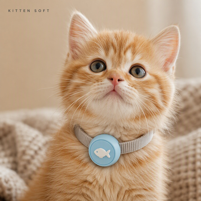 Kitten wearing a blue silicone GPS tracker cover on a narrow gray collar