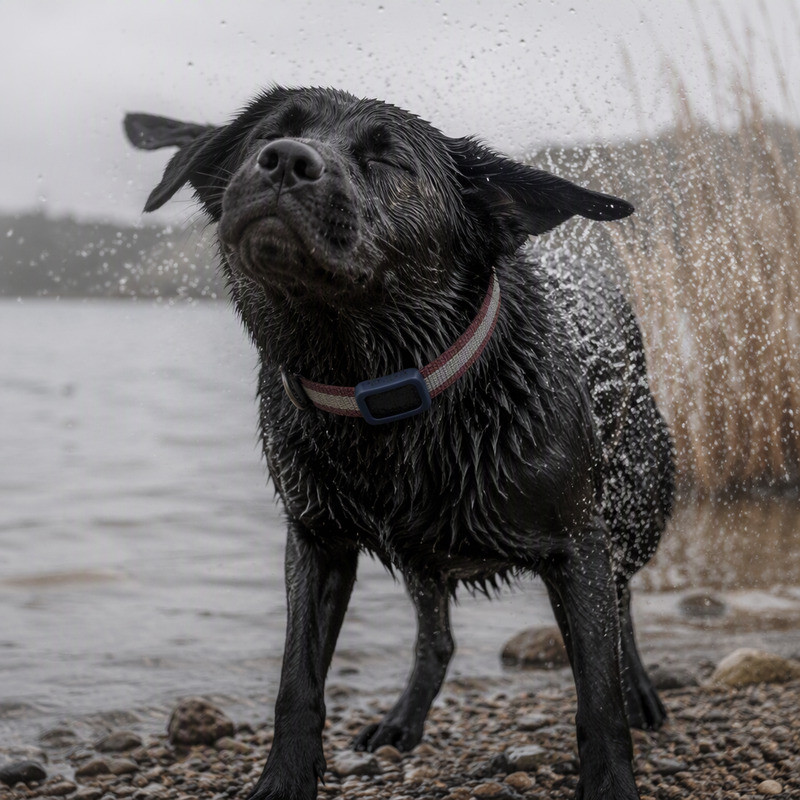 Wet black dog shaking water off while wearing a blue silicone GPS tracker cover on a red collar