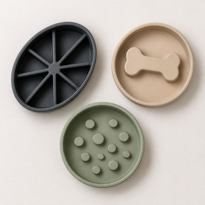 Silicone slow feeder bowls with divider patterns showing wall thickness and rim design options