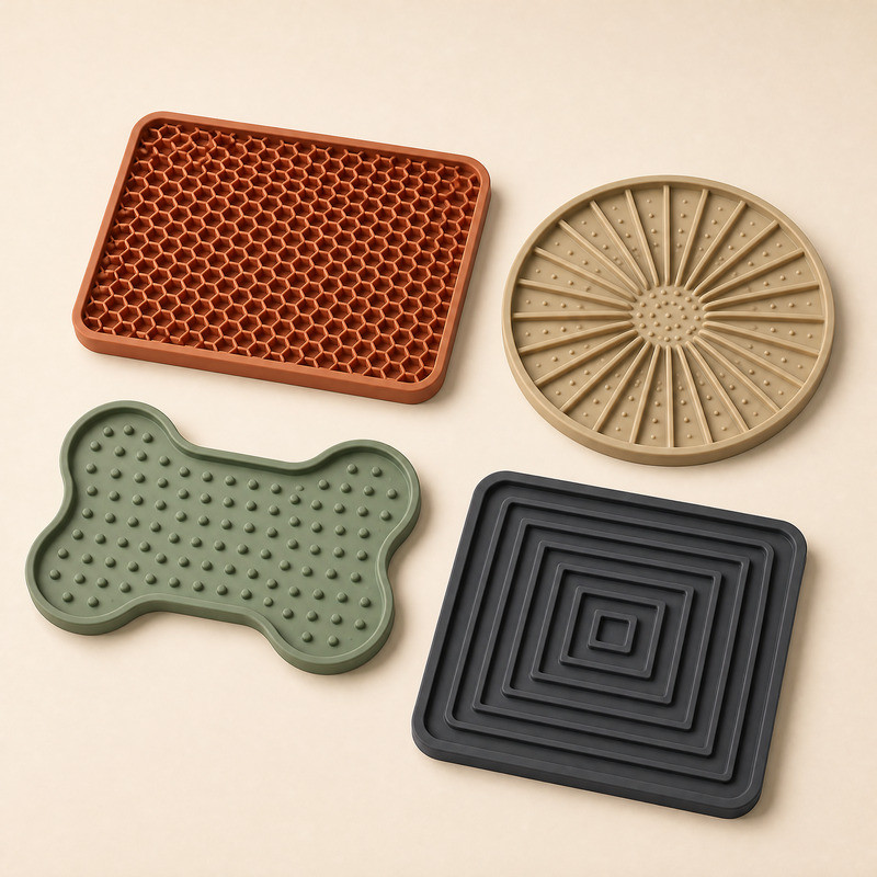Three silicone lick mat texture designs with rib, square grid and flower cell patterns in pastel colours