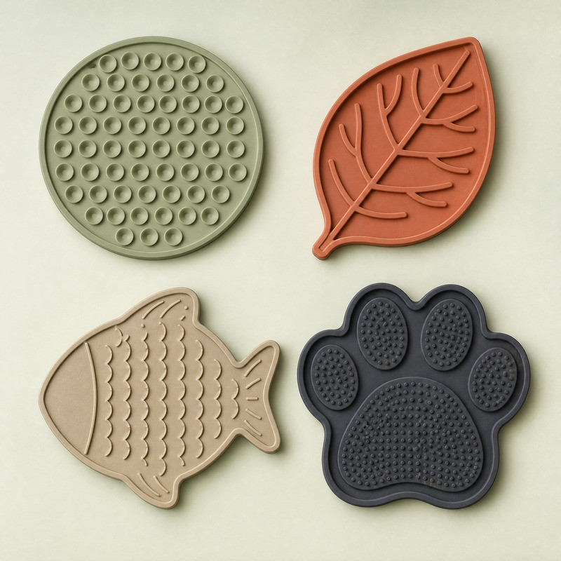 Silicone lick mats in bone and paw shapes with different texture zones for private label pet brands
