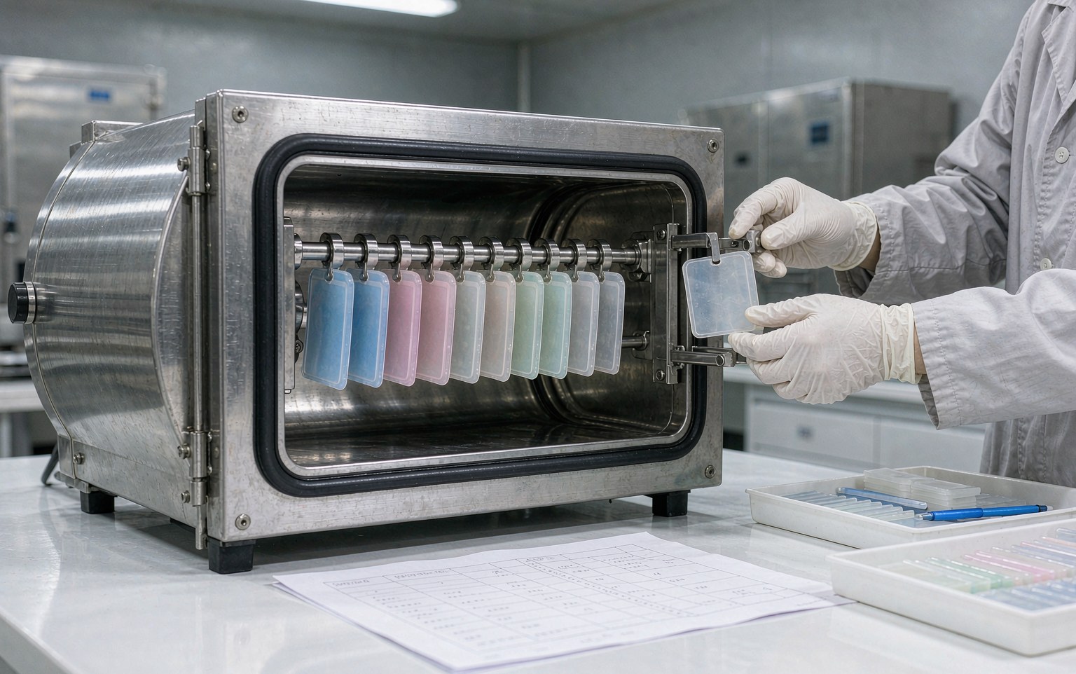 Wash fastness testing drum in the factory quality control room with silicone label samples loaded for a 60°C detergent cycle