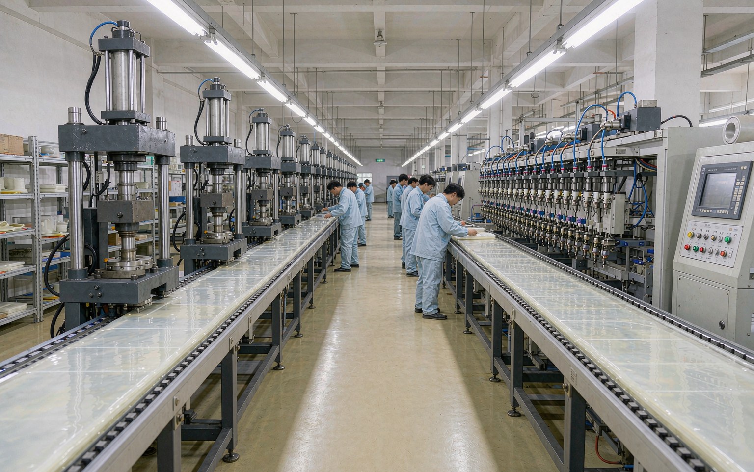 Silicone label production workshop with hydraulic forming presses and operators inspecting molded silicone sheets