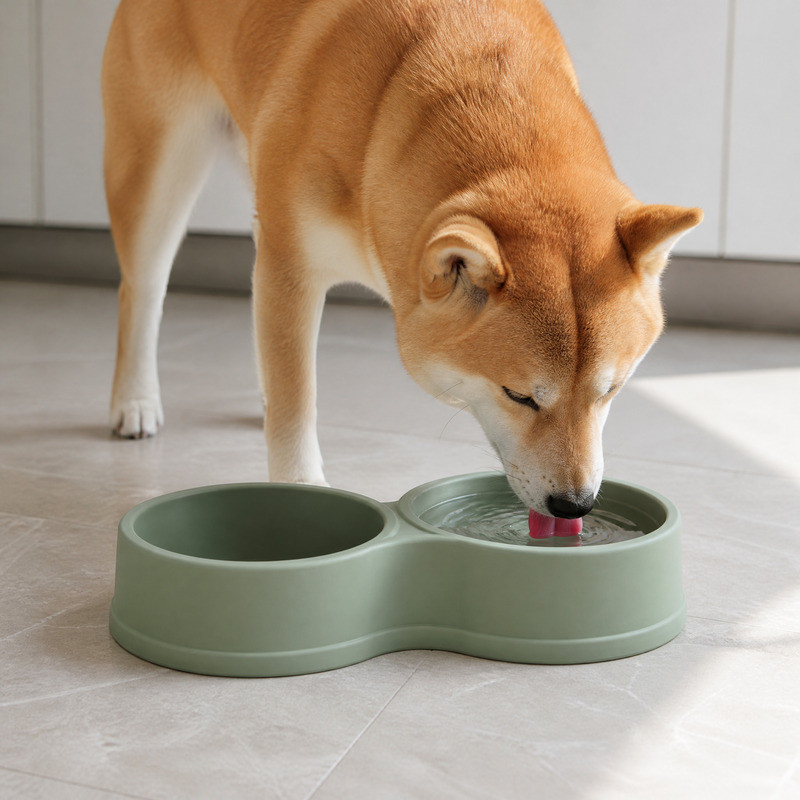柴犬使用双联硅胶碗饮水，一槽粮一槽水