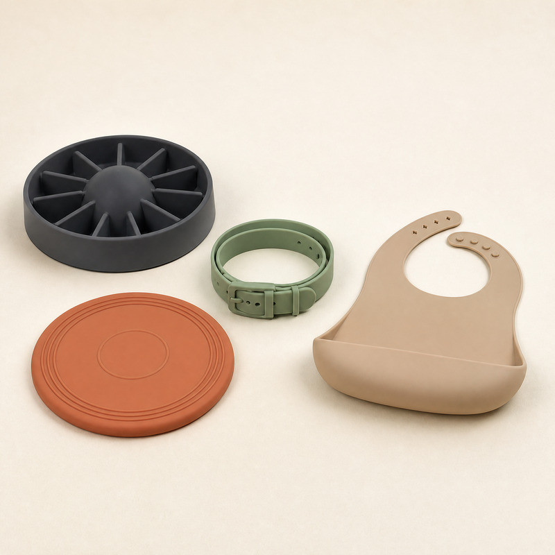 Silicone slow feeder bowl with radial maze, silicone feeding mat and silicone bib shown together as a coordinated pet feeding set