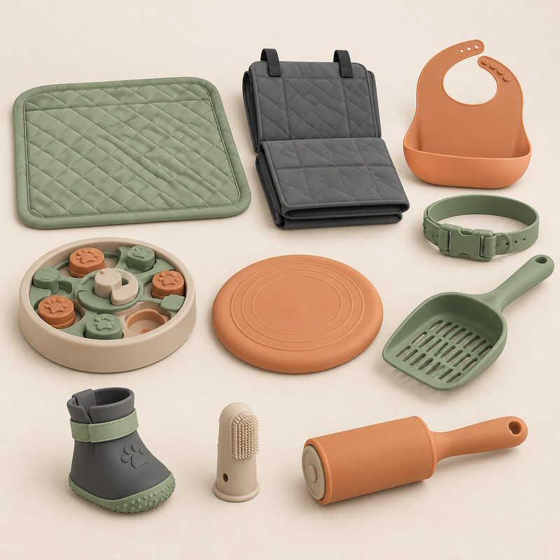 Custom silicone pet feeding products including a slow feeder bowl, quilted feeding mat and rolled travel mat in sage and clay colours