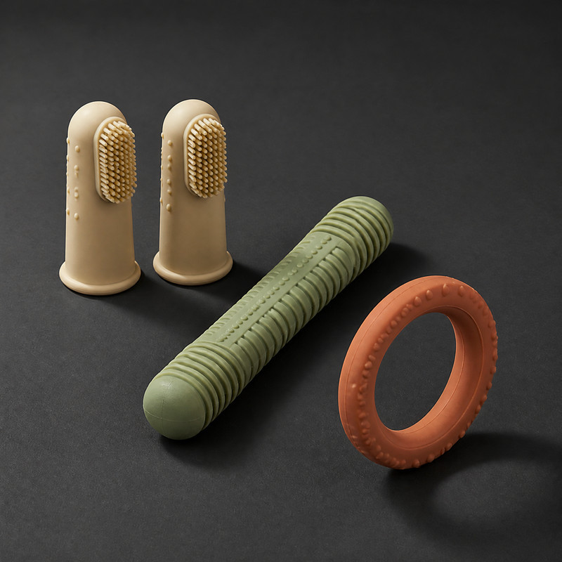 Silicone pet dental care products including finger toothbrushes, a ridged chew stick and a textured teething ring in neutral colours