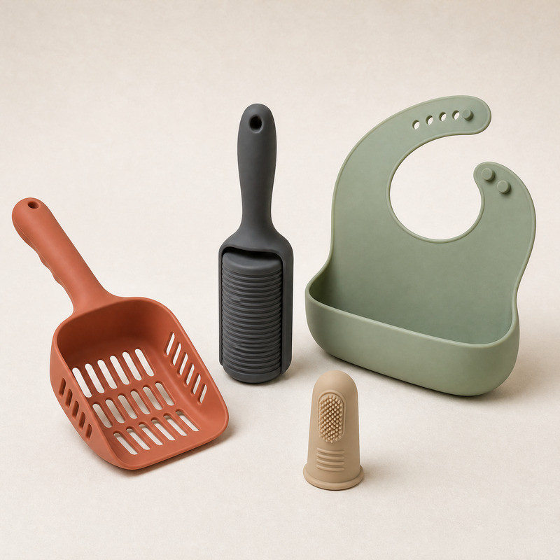Silicone pet cleaning and feeding accessories including a litter scoop, lint roller, bib and finger brush in clay and sage