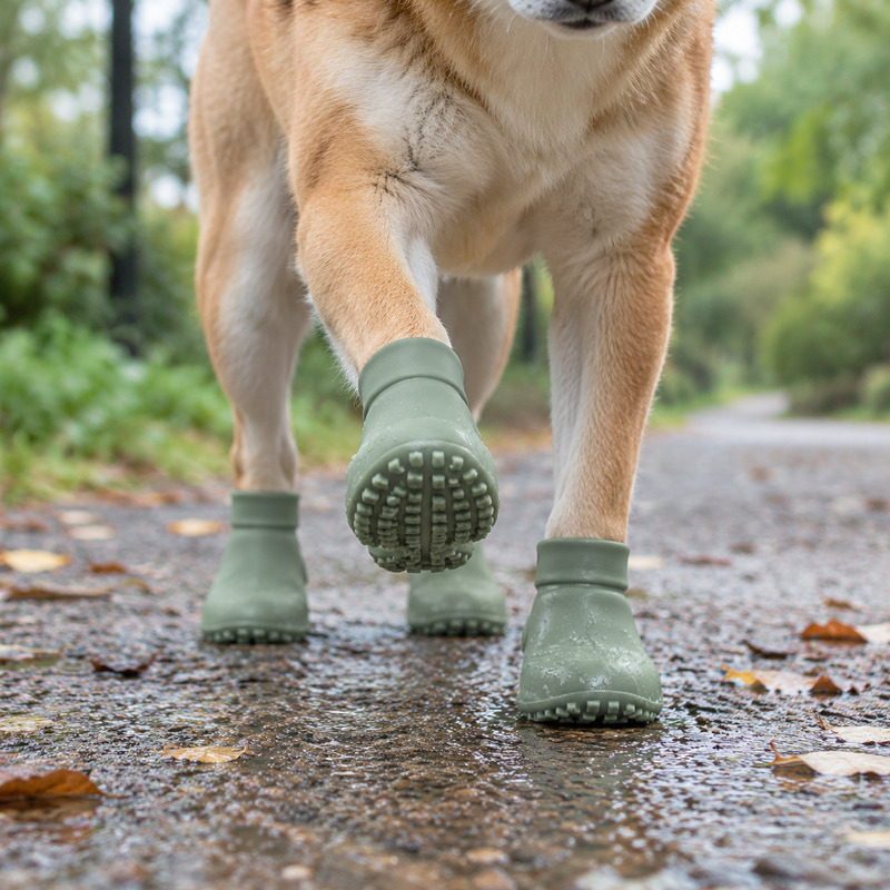 狗穿灰绿色硅胶雨靴在湿滑路面行走，鞋底防滑纹与靴筒柔韧性特写