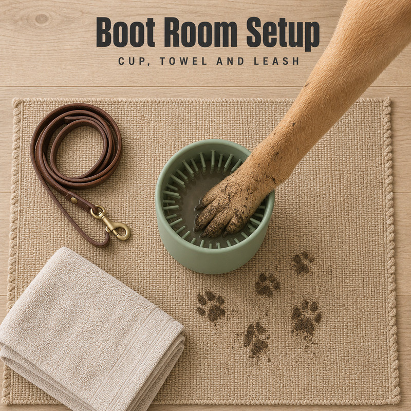 Top view of a silicone paw cleaner cup on a mat with a towel, leash and muddy paw prints in a boot room