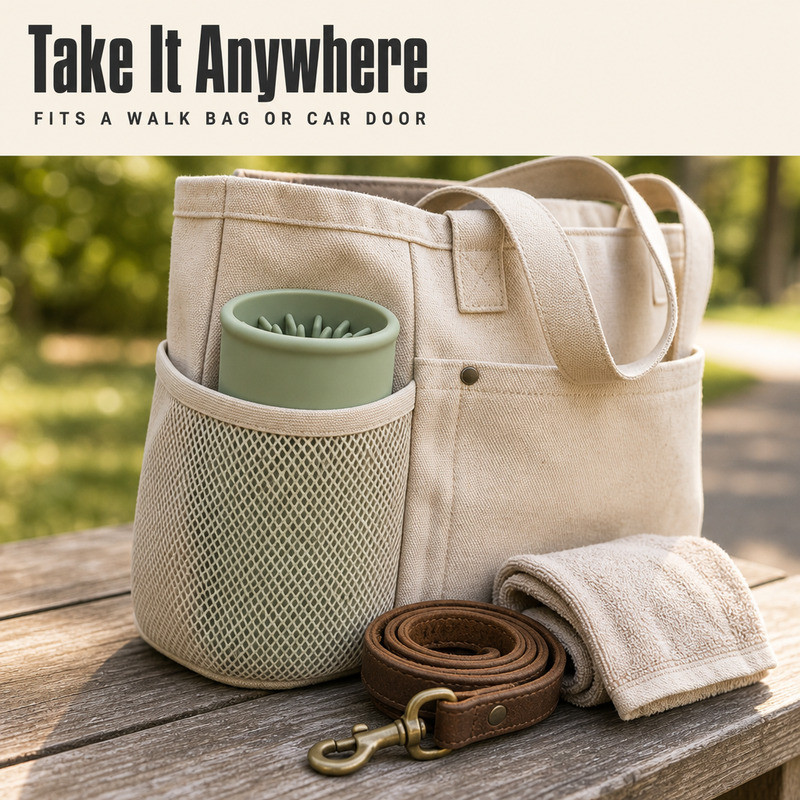 Silicone paw cleaner cup standing in the mesh pocket of a canvas walk bag with a leash and towel nearby
