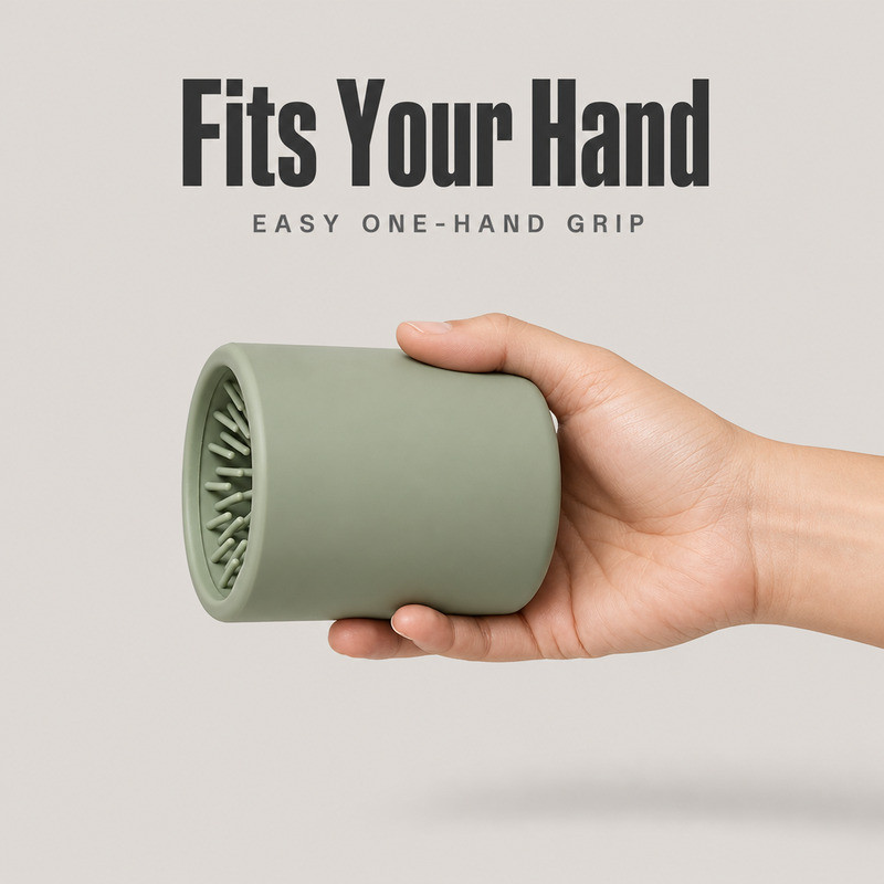 Silicone dog paw cleaner cup held in one hand to show its diameter and height against a palm