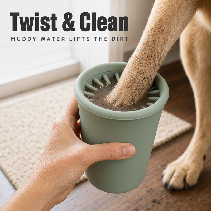 Muddy dog paw being twisted inside a silicone paw cleaner cup held in one hand indoors