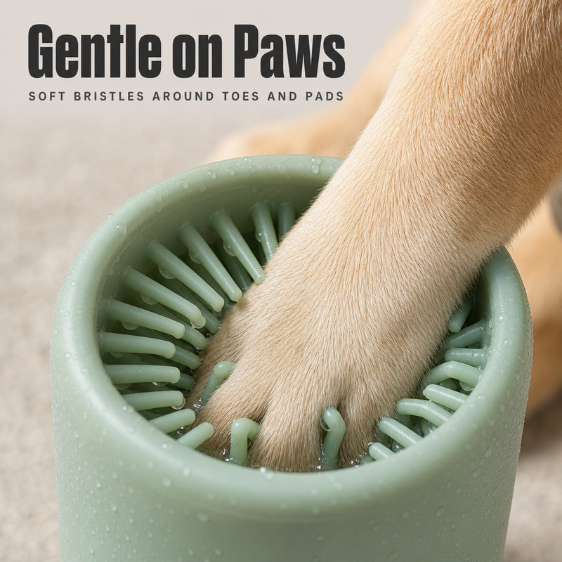 Close-up of a dog paw resting inside a silicone paw cleaner cup surrounded by soft silicone fingers