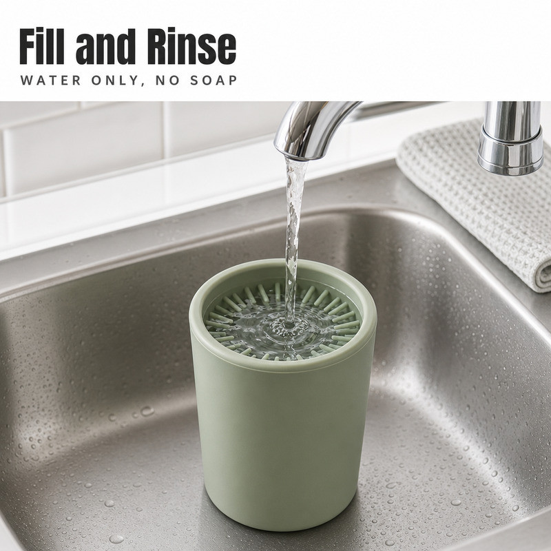 Water running from a tap into a silicone paw cleaner cup standing in a stainless steel sink