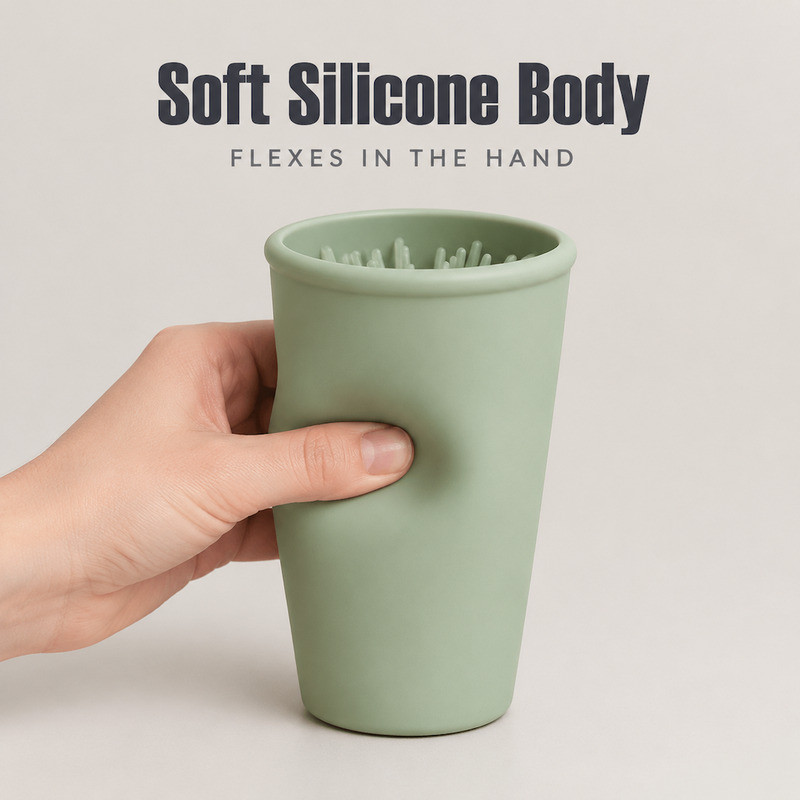 Hand squeezing the soft silicone body of a dog paw cleaner cup to show wall flexibility and recovery