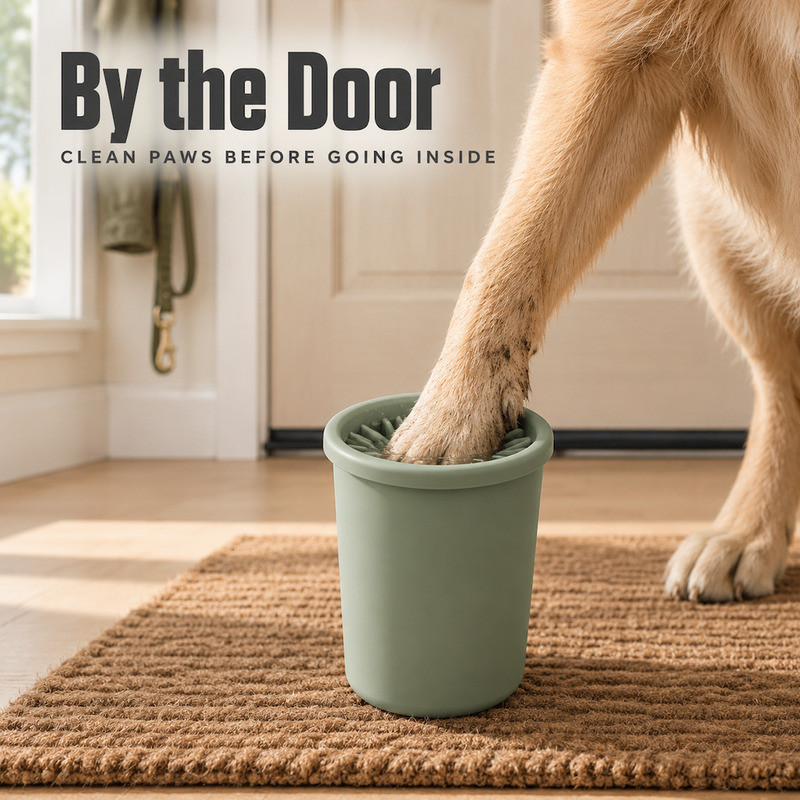 Dog placing a muddy paw into a silicone paw cleaner cup standing on a doormat inside a doorway