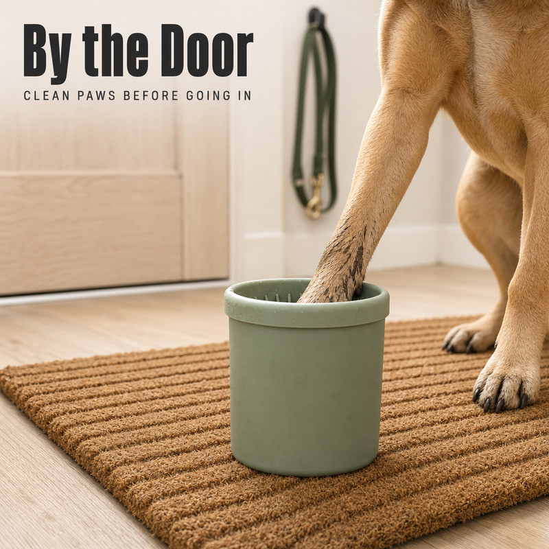 Silicone dog paw cleaner cup standing flat on a doormat while a dog places a paw inside by the door