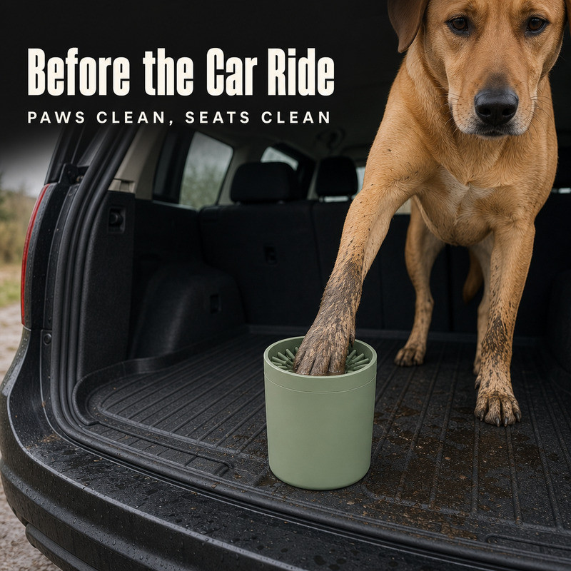 Muddy dog standing in a car boot with a paw inside a silicone paw cleaner cup before a car ride